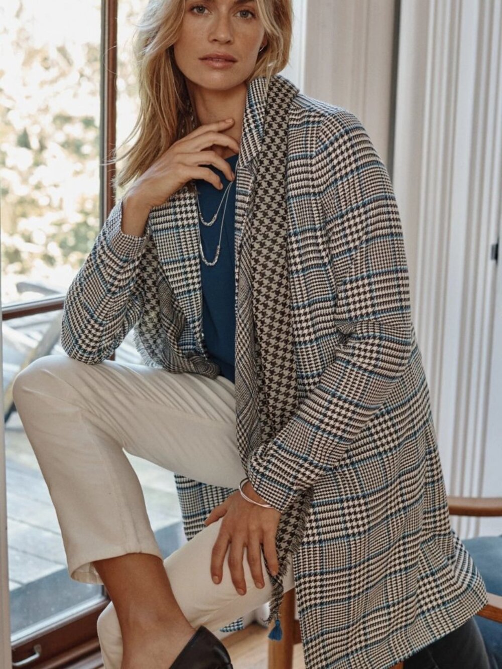 J. Jill Blue and Cream Plaid Long Blazer
